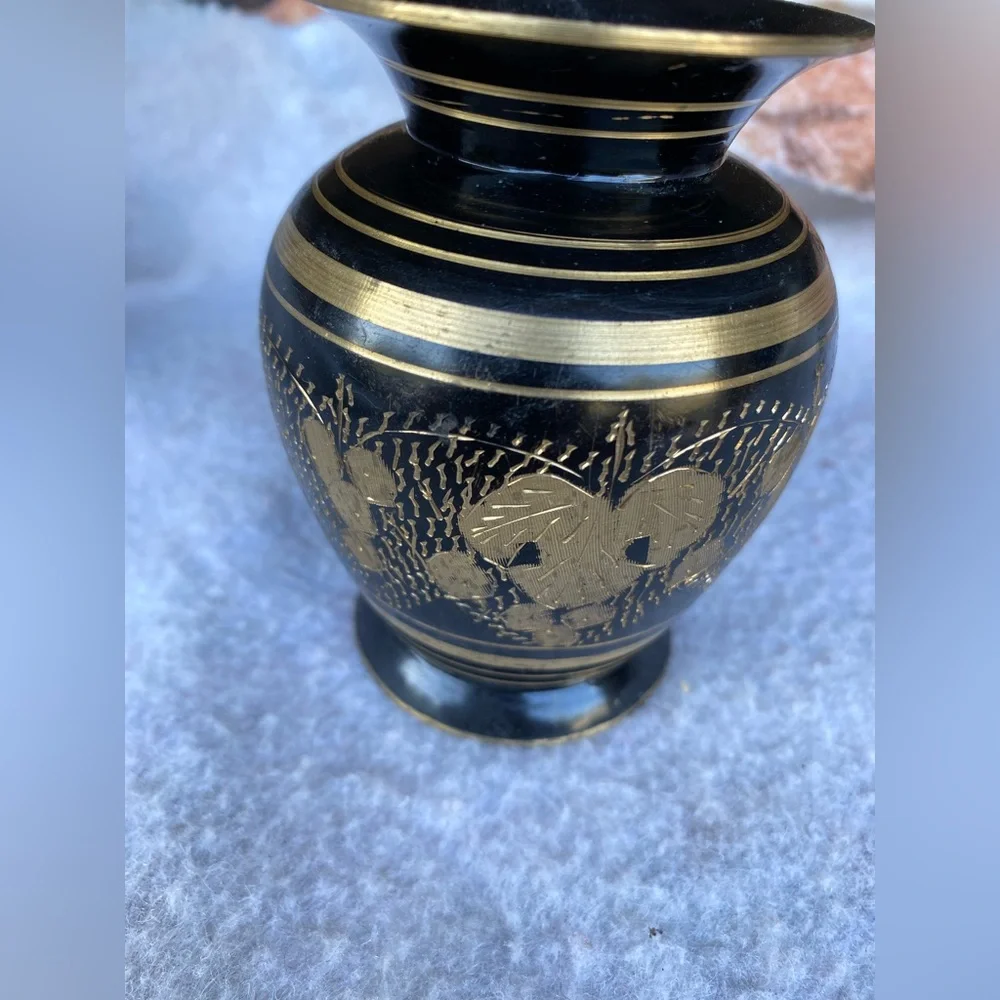 Vintage Solid Brass Vase India Hand-Crafted Decorative Floral Engraved Motif 6”